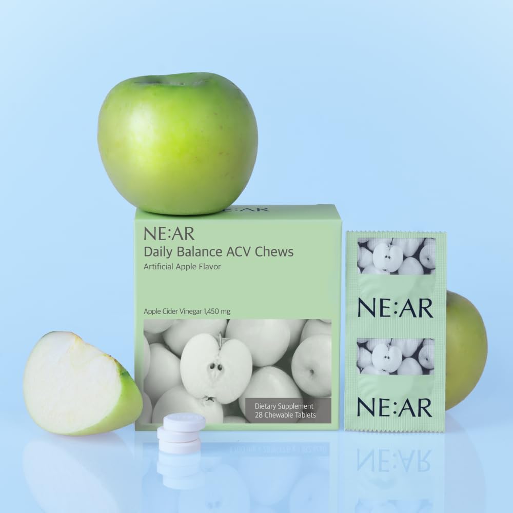 NE:AR Daily Balance ACV Chews in a kitchen scene highlighting British organic apples.