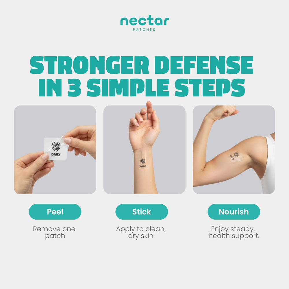 Nectar Daily Patches applying patch on arm for discreet daily nourishment