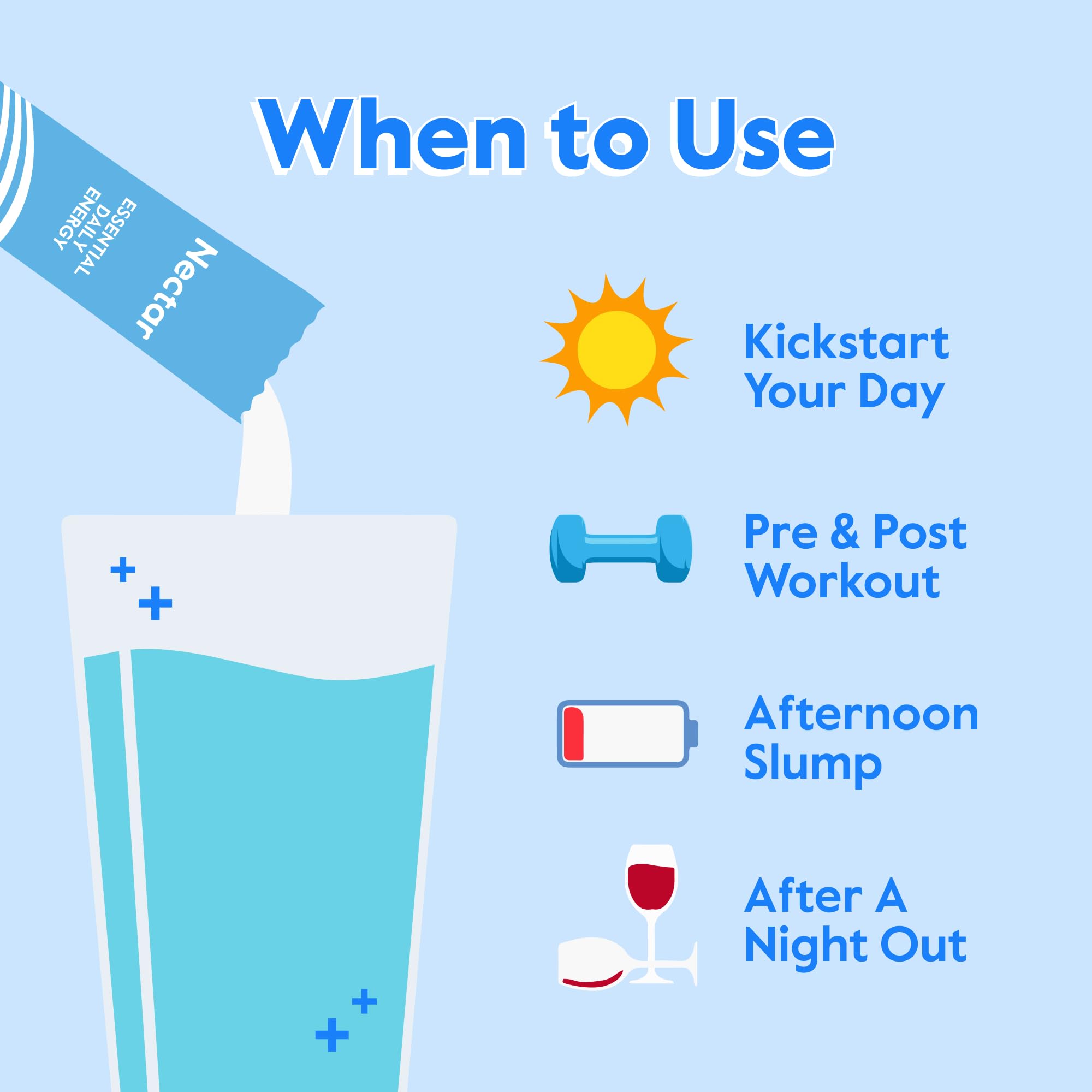 Daily-use Nectar Energy Booster sachets provide on-the-go hydration and focus.