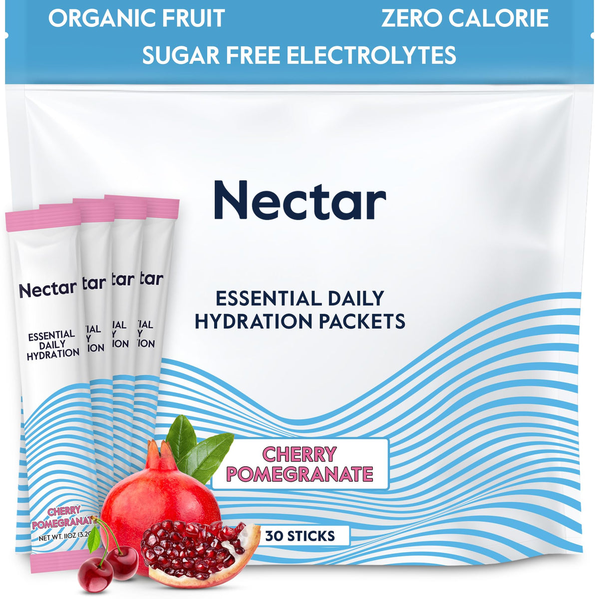 Nectar Hydration Packets poured into a glass to show quick hydration surface