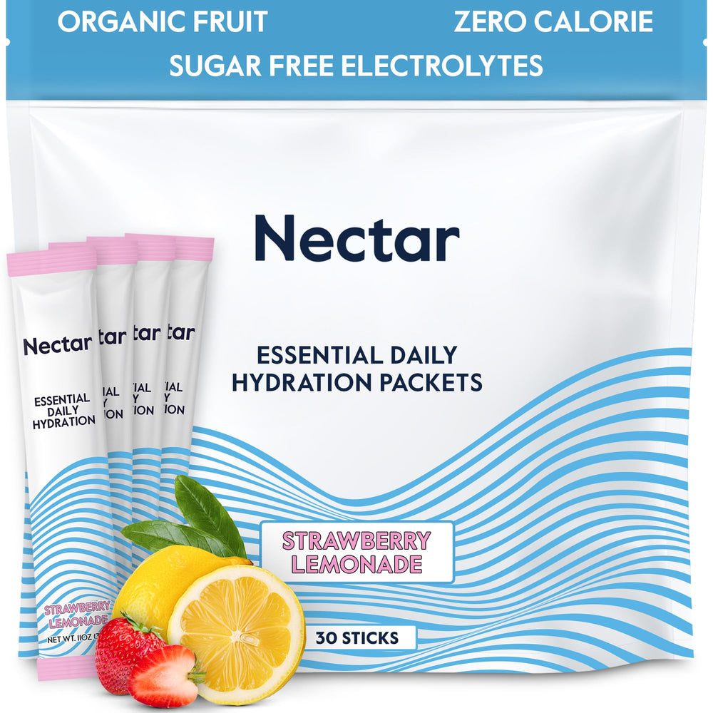Nectar Hydration Packets – Strawberry Lemon 30-pack front label highlighting sugar-free electrolytes.