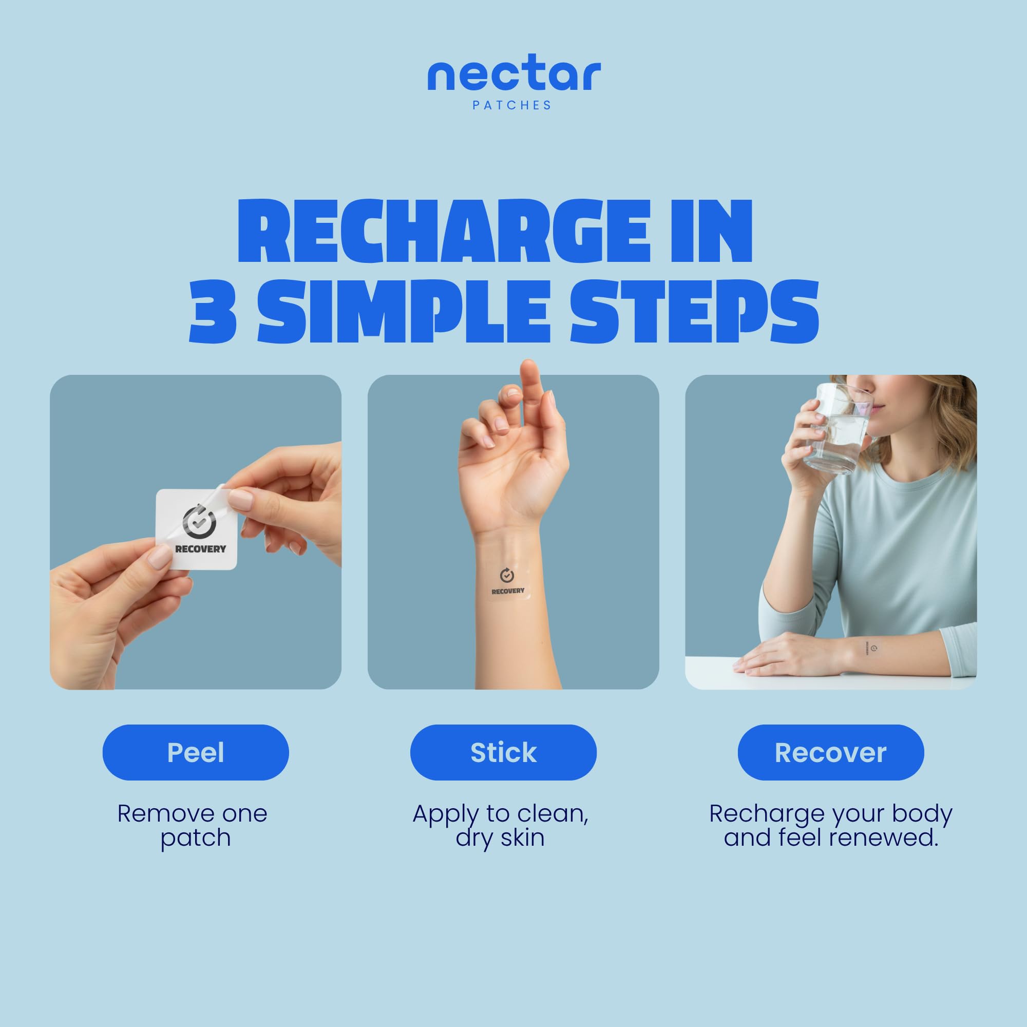 Nectar Recovery Patches applied on arm for discreet overnight recharge