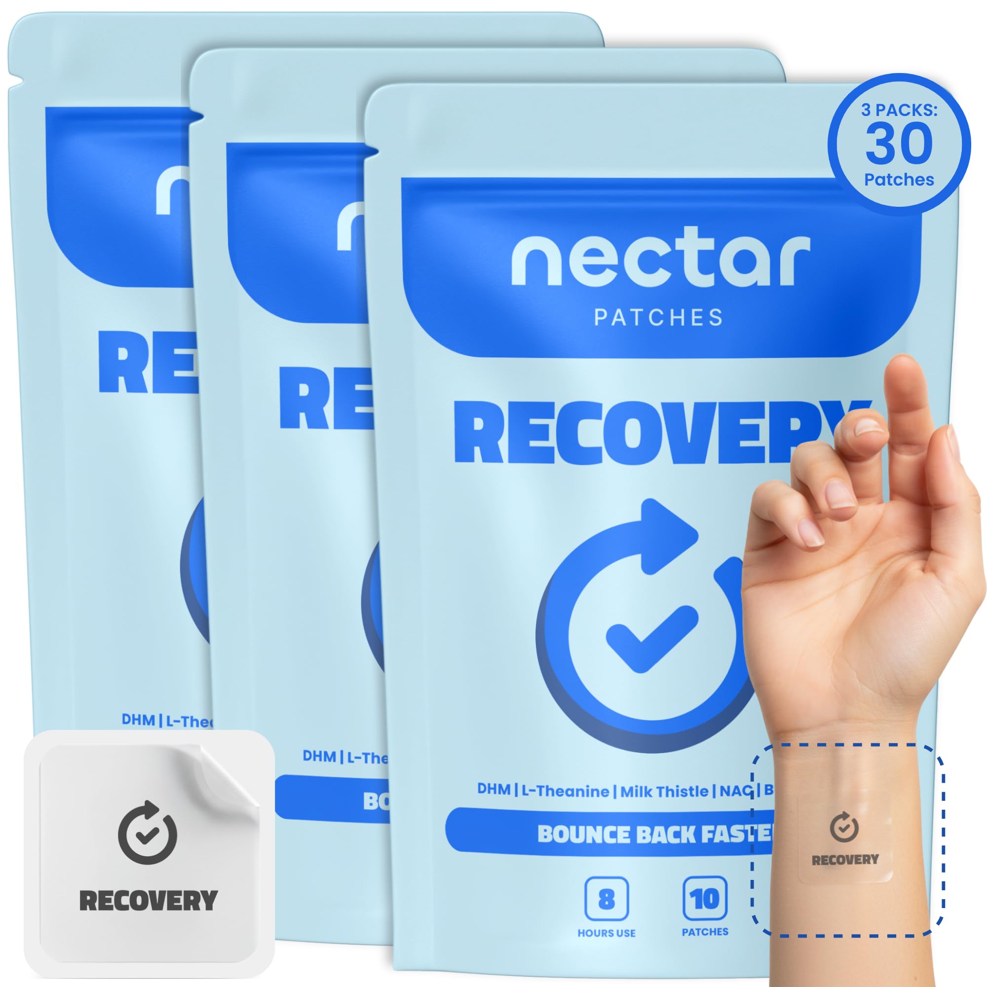Nectar Recovery Patches bottle close-up with premium ingredients for nighttime refresh