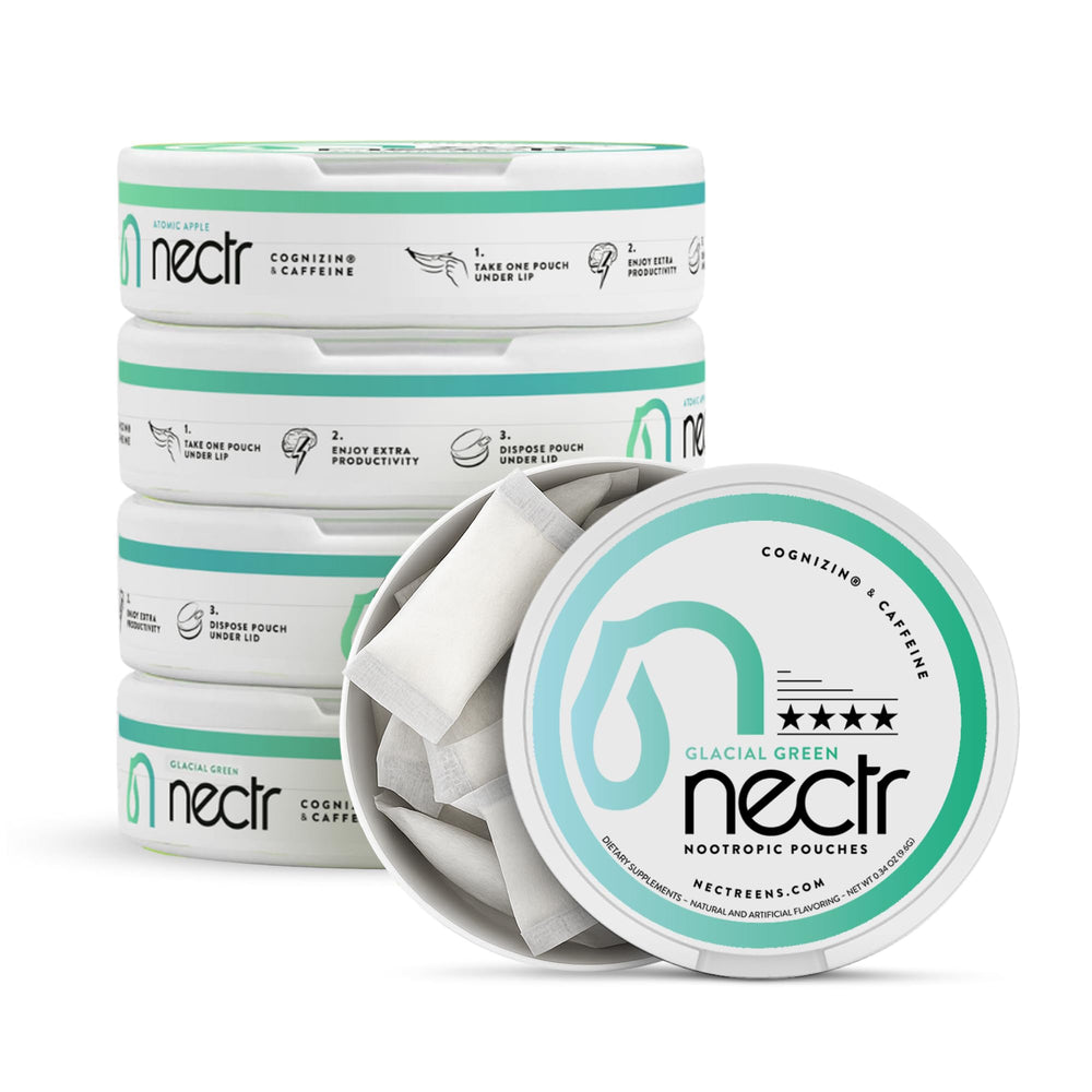 Nectr Energy pouch in glacial green with wintergreen flavor for focused energy.