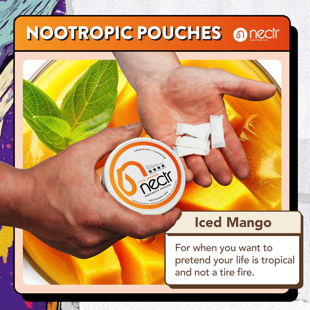Close-up of Nectr Energy Iced Mango pouch label with caffeine boost.