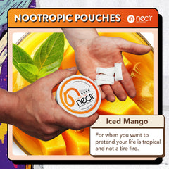 Close-up of Nectr Energy Iced Mango pouch label with caffeine boost.