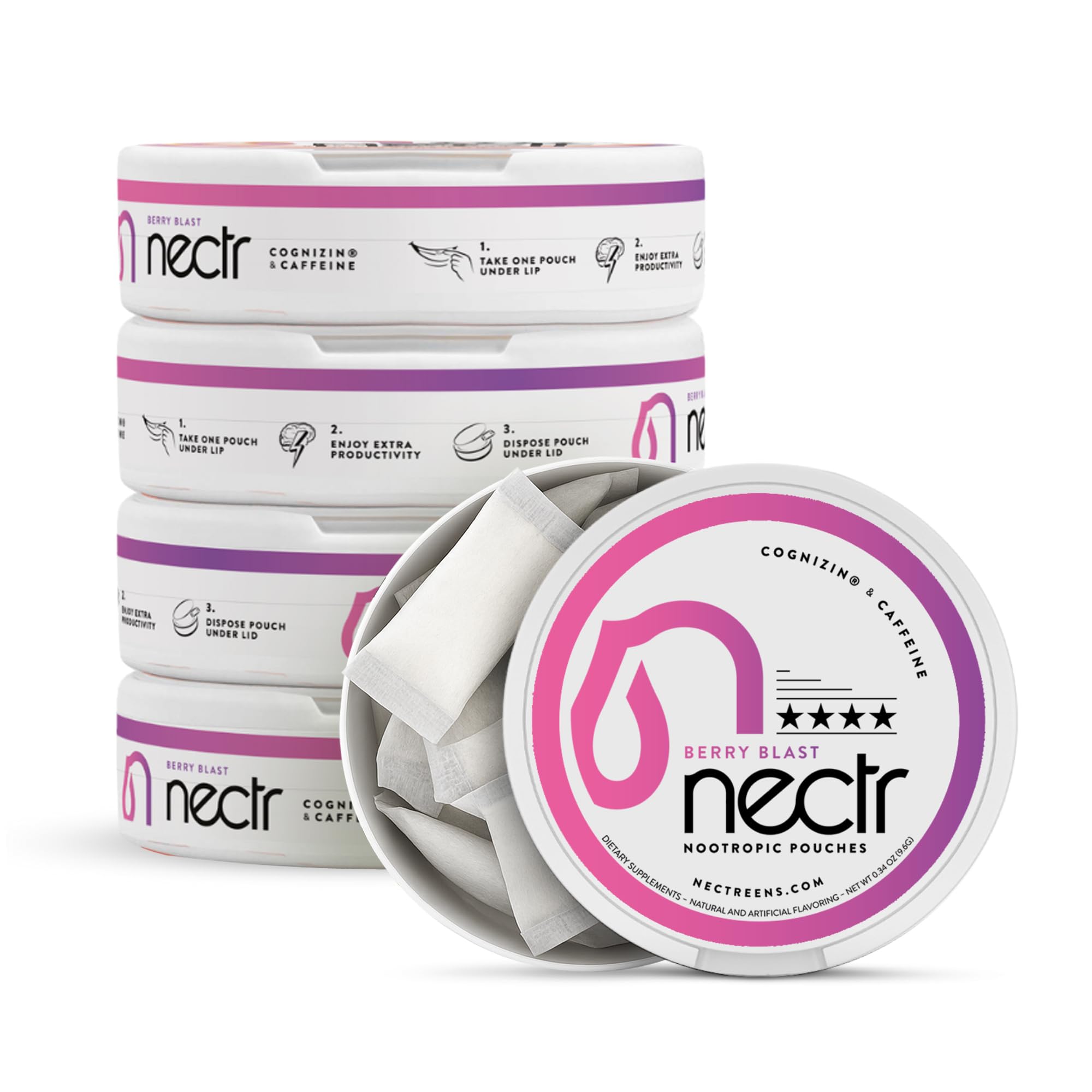 Nectr Energy Berry Blast pack showing portable pouches for on-the-go focus.