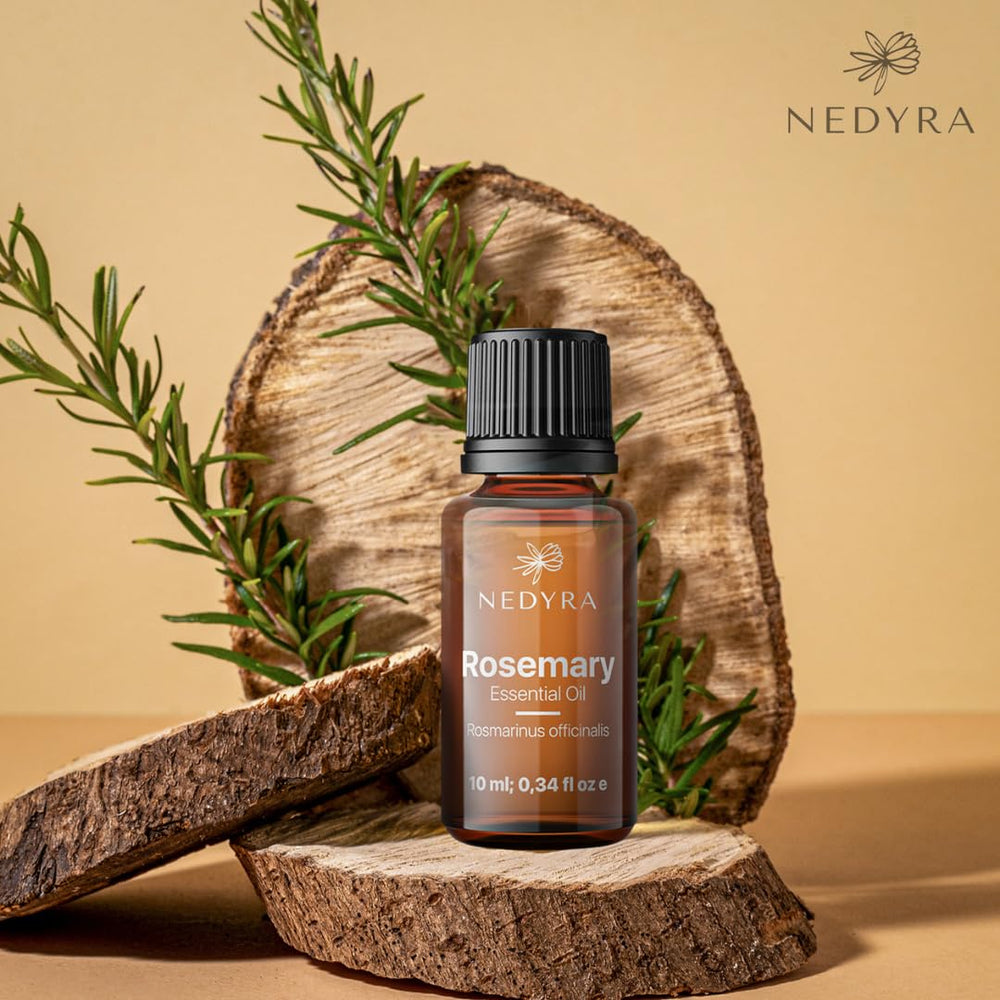 Nedyra rosemary oil label closeup highlighting purity and Mediterranean sourcing.