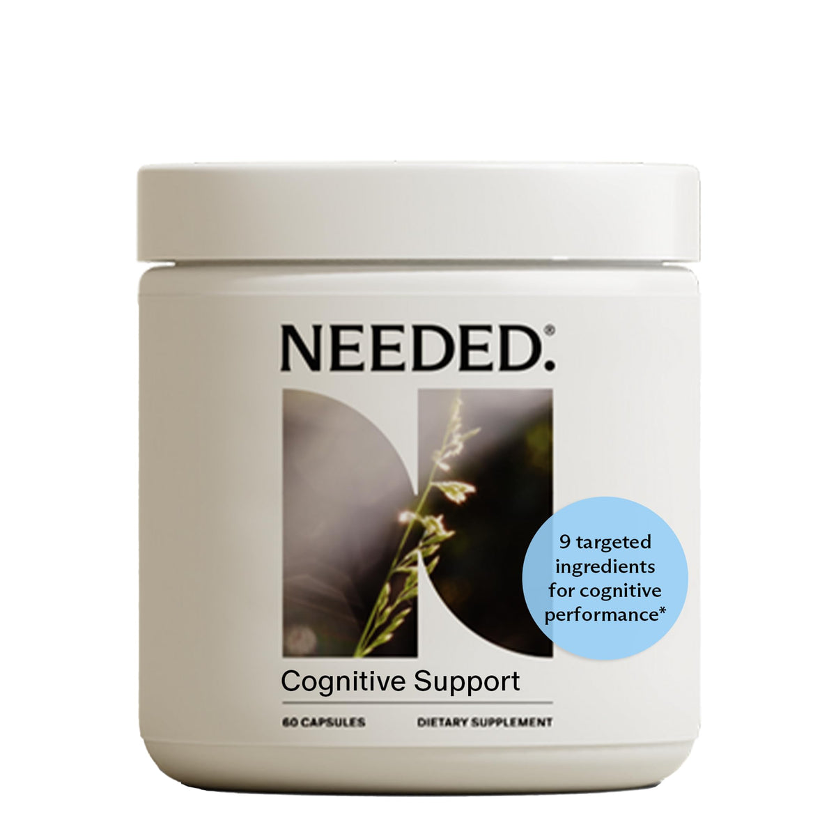 Needed Cognitive Support bottle front promotes focus and memory for everyday use.