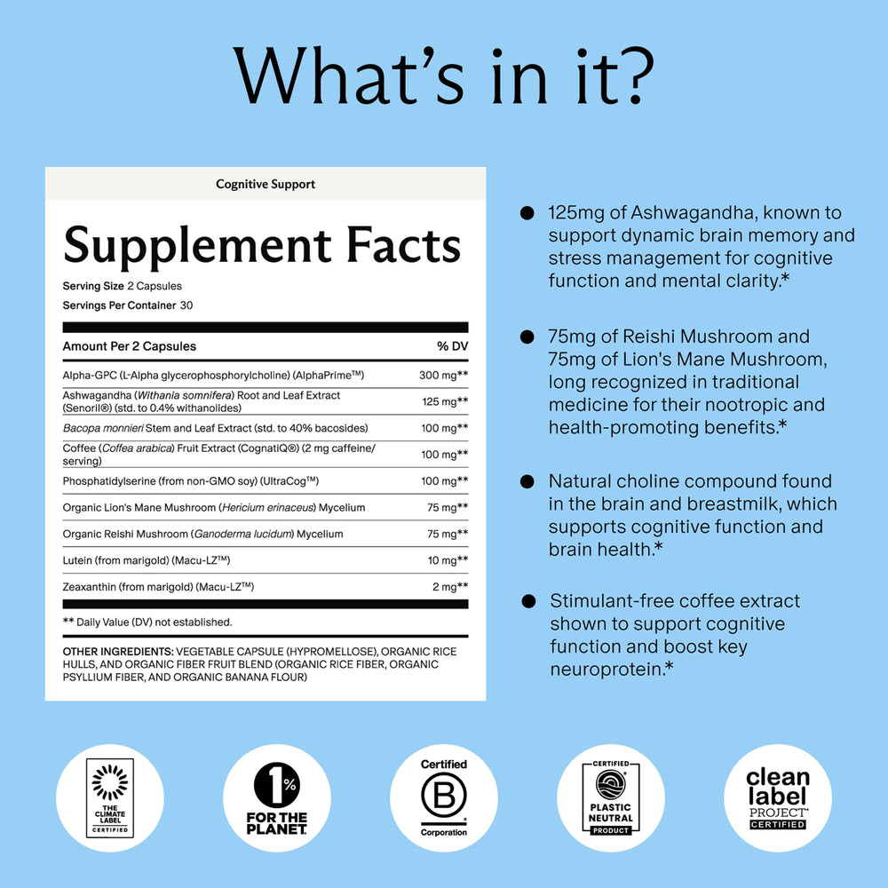 Needed Cognitive Support capsules close-up shows two-capsule daily serving for sustained clarity.