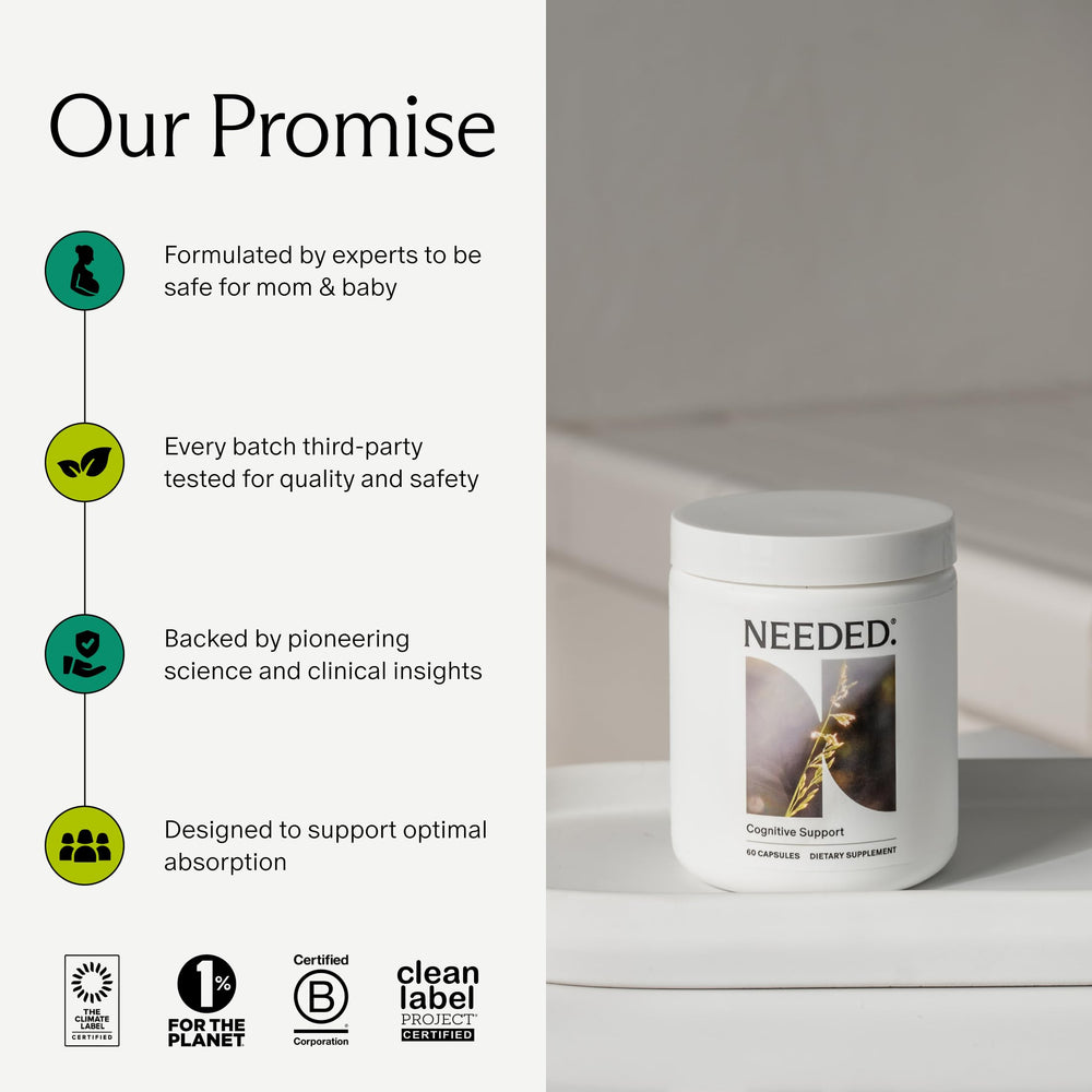 Needed Cognitive Support label close-up reveals transparent ingredients and clear daily dosage.