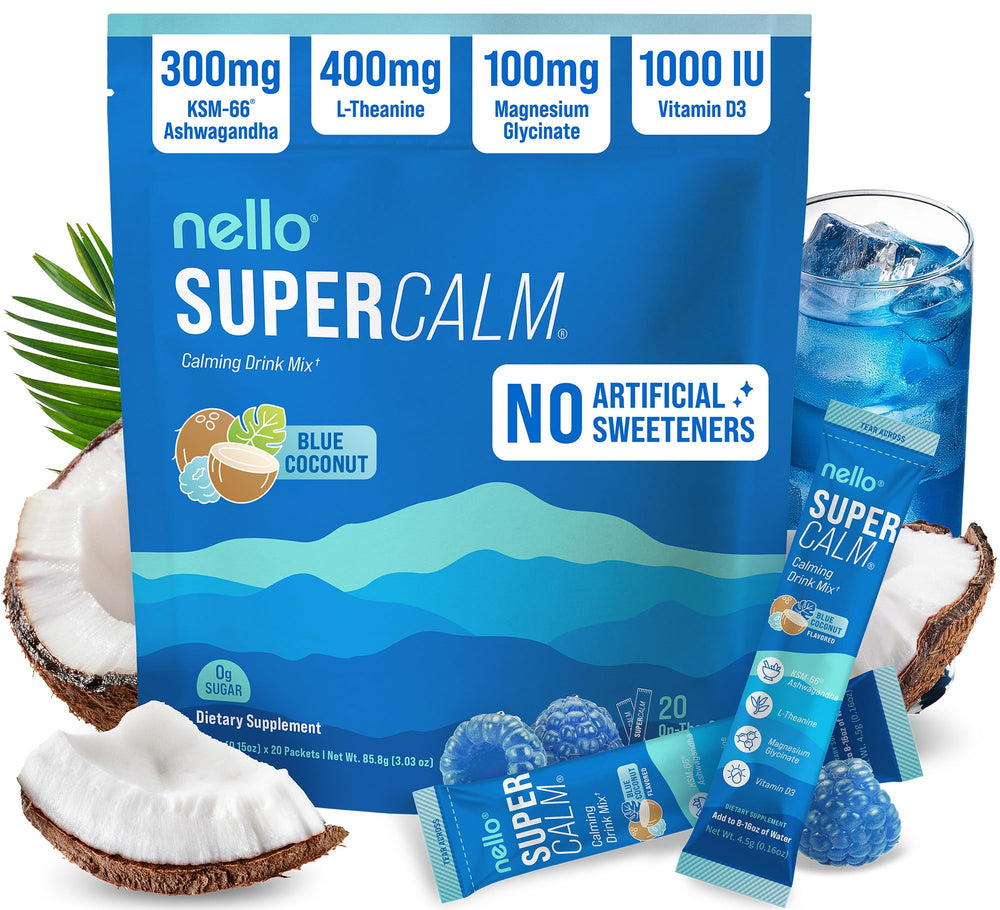 Nello SuperCalm blue coconut packets for on-the-go relaxation and focus.