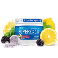 Nello Supercalm blue coconut tub showing convenient, on-the-go relaxation powder