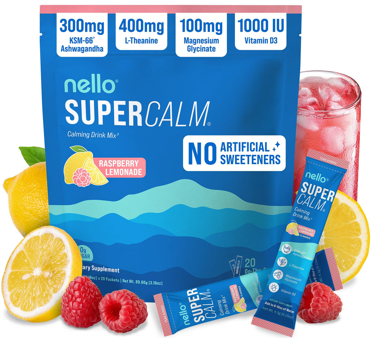 Nello SuperCalm bottle with raspberry lemonade flavor supports on the go relaxation and focus.