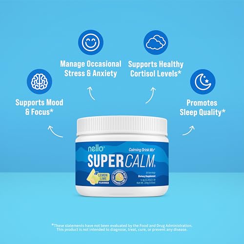 Close-up of Nello SuperCalm canister, showcasing a clean, non-GMO formula for daily balance.