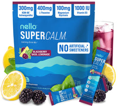 Nello Supercalm canister with spoon, powder ready to dissolve for on-the-go calm.