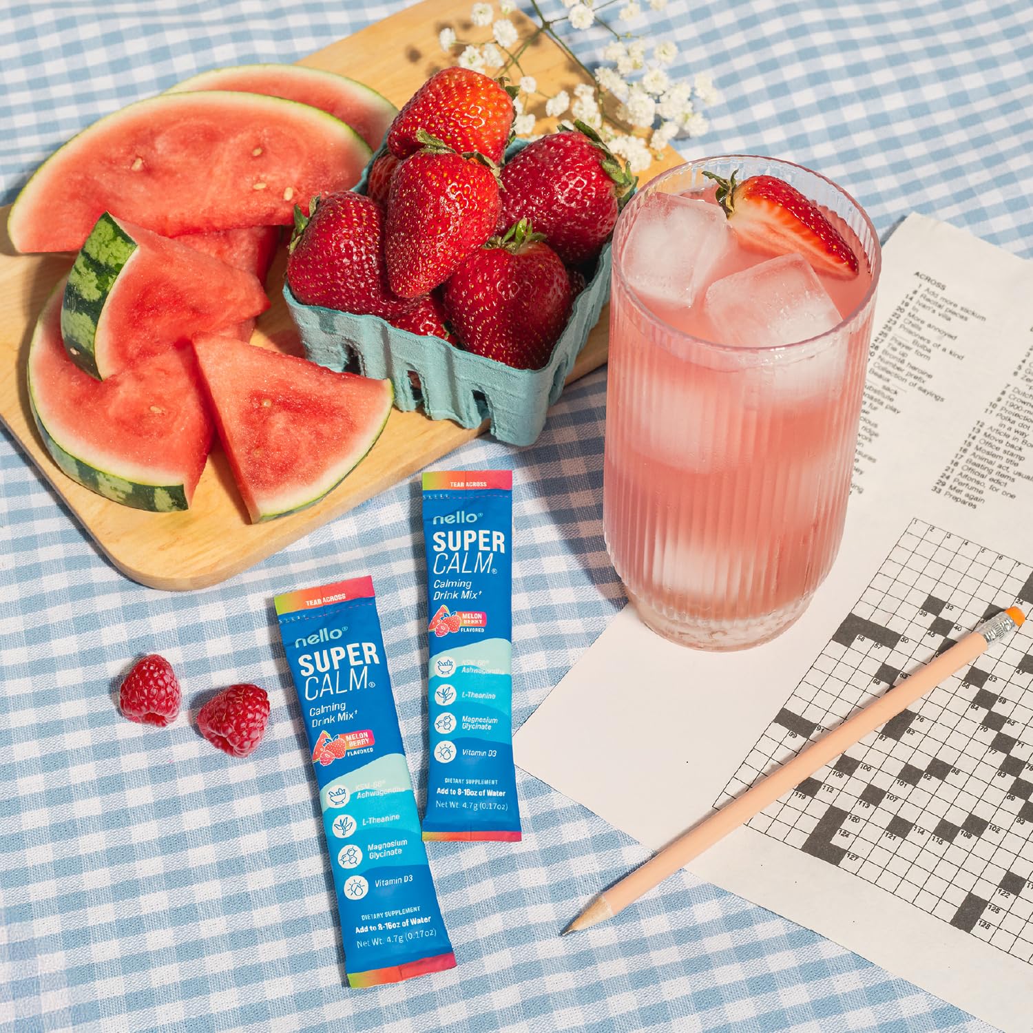 Nello Supercalm glass with Melon Berry drink ready to sip for refreshment.