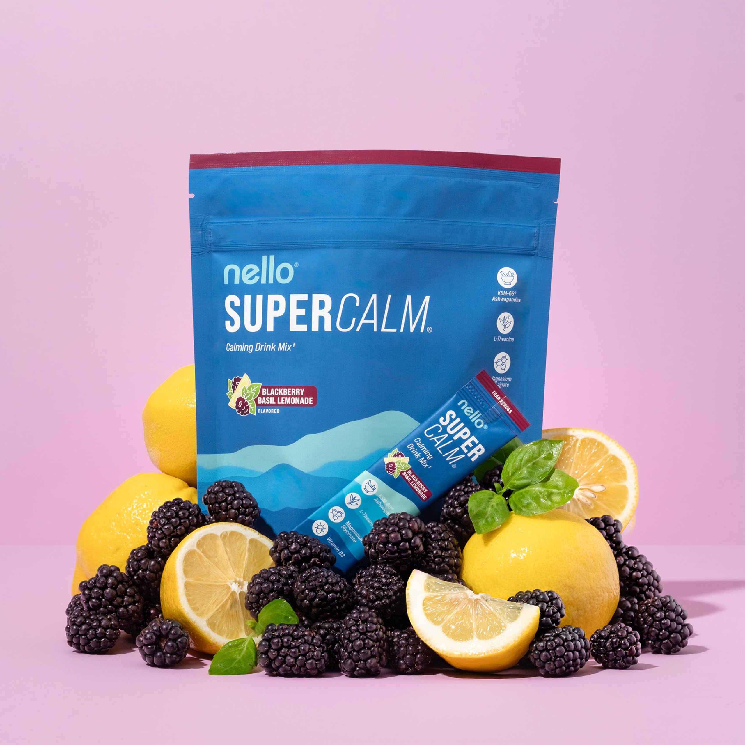 Closeup of Ashwagandha and magnesium ingredients in Nello Supercalm blend.