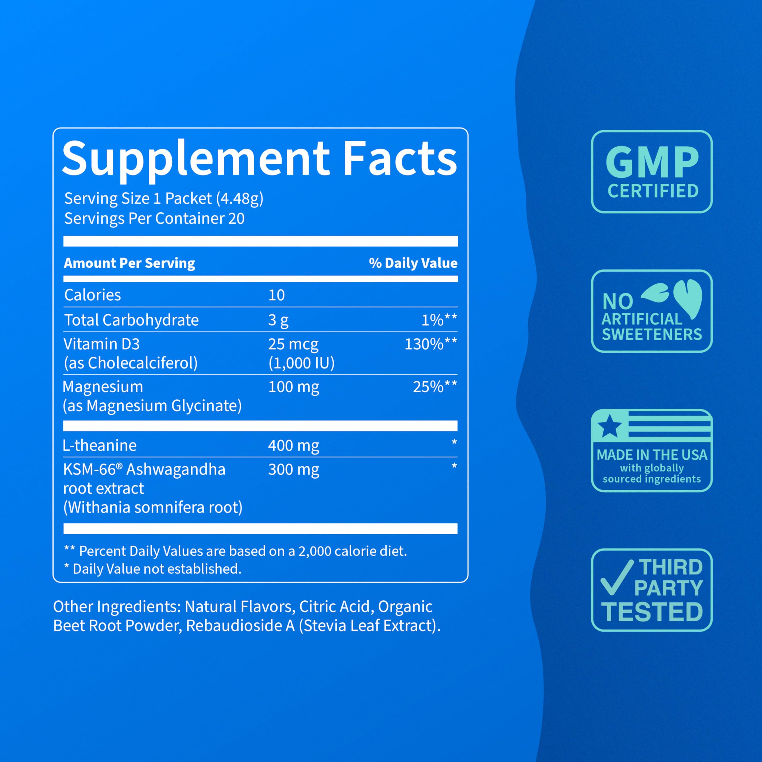Close-up of L-Theanine and Ashwagandha ingredients promoting balance.