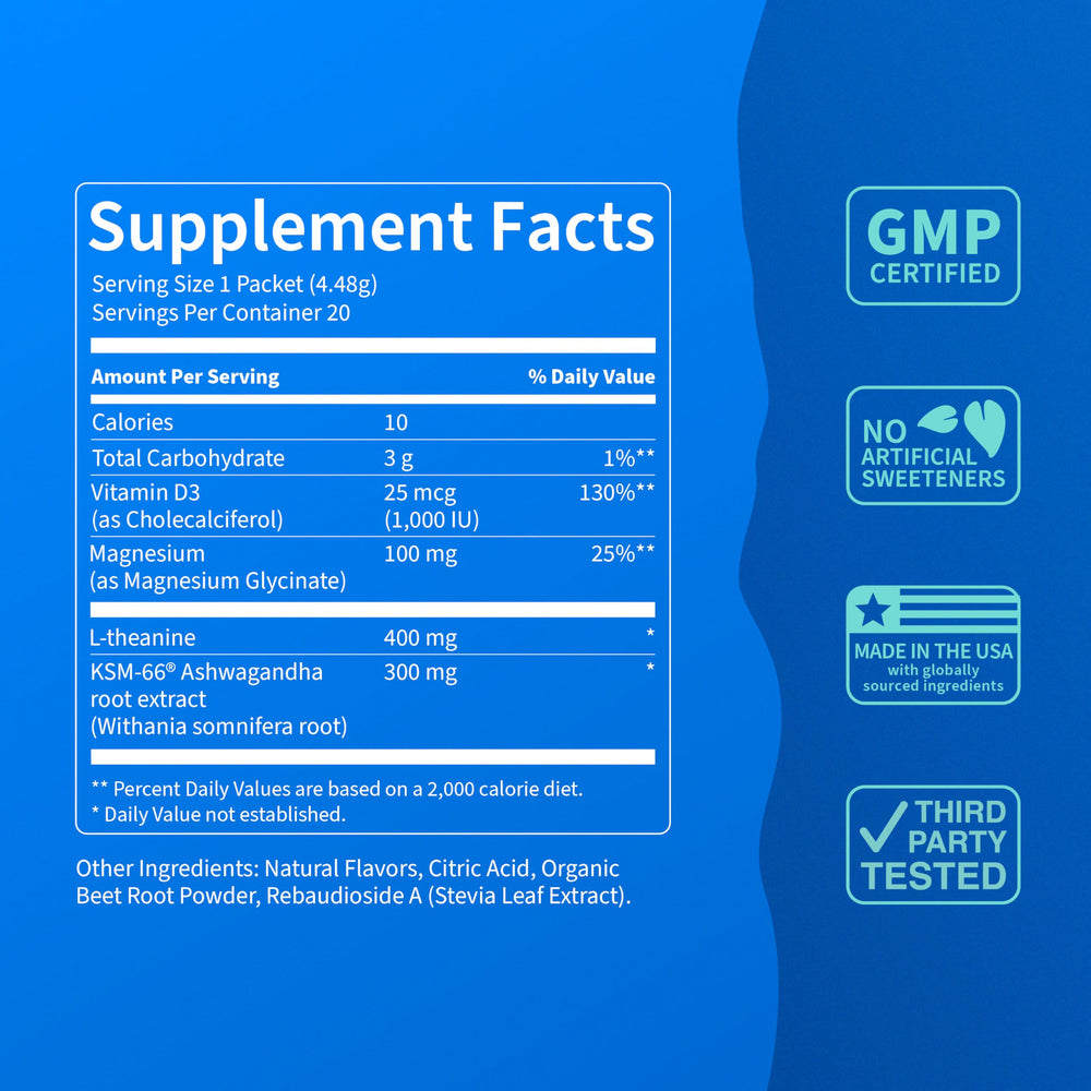 Close-up of L-Theanine and Ashwagandha ingredients promoting balance.