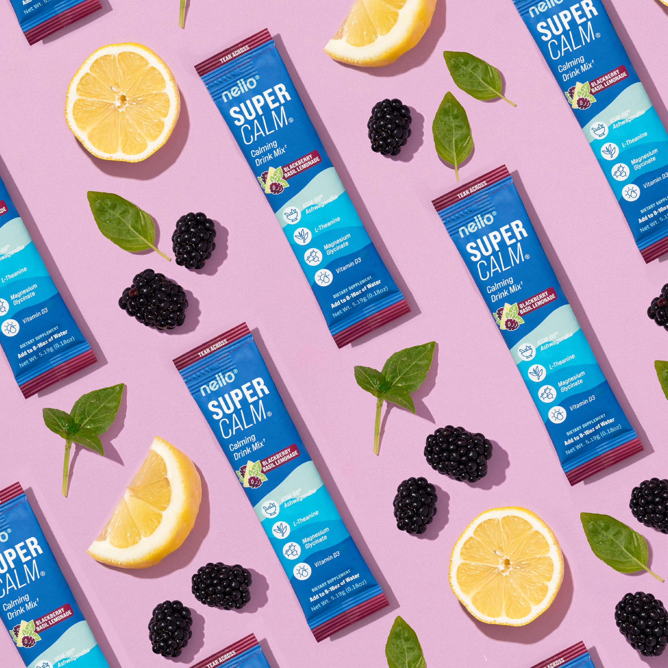 Nello Supercalm label highlights non-GMO and clean ingredients.