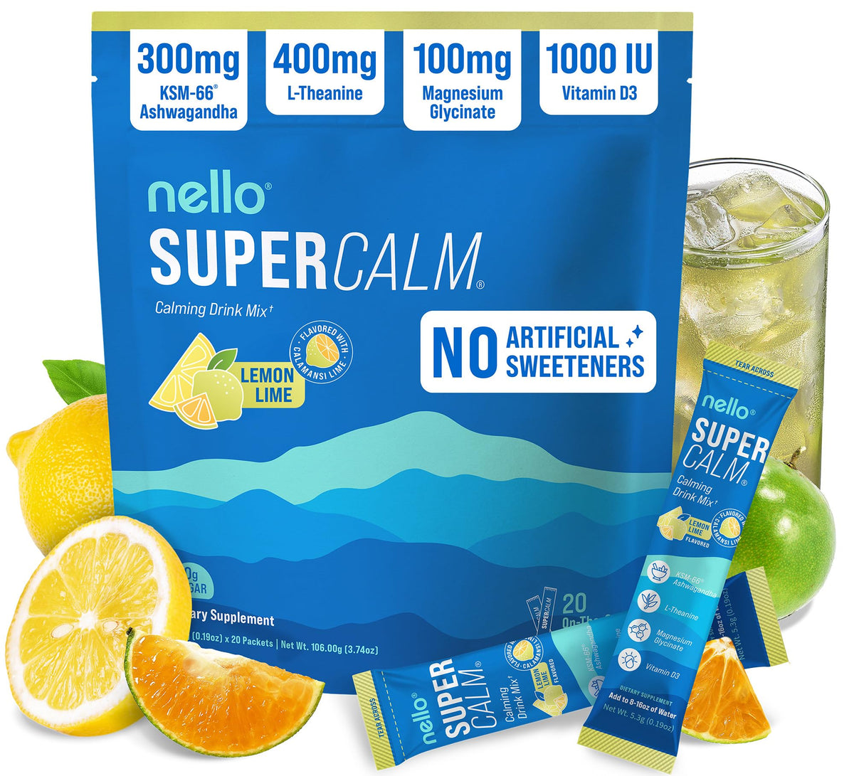 Nello SuperCalm lemon lime packet ready to mix for quick relaxation on the go.