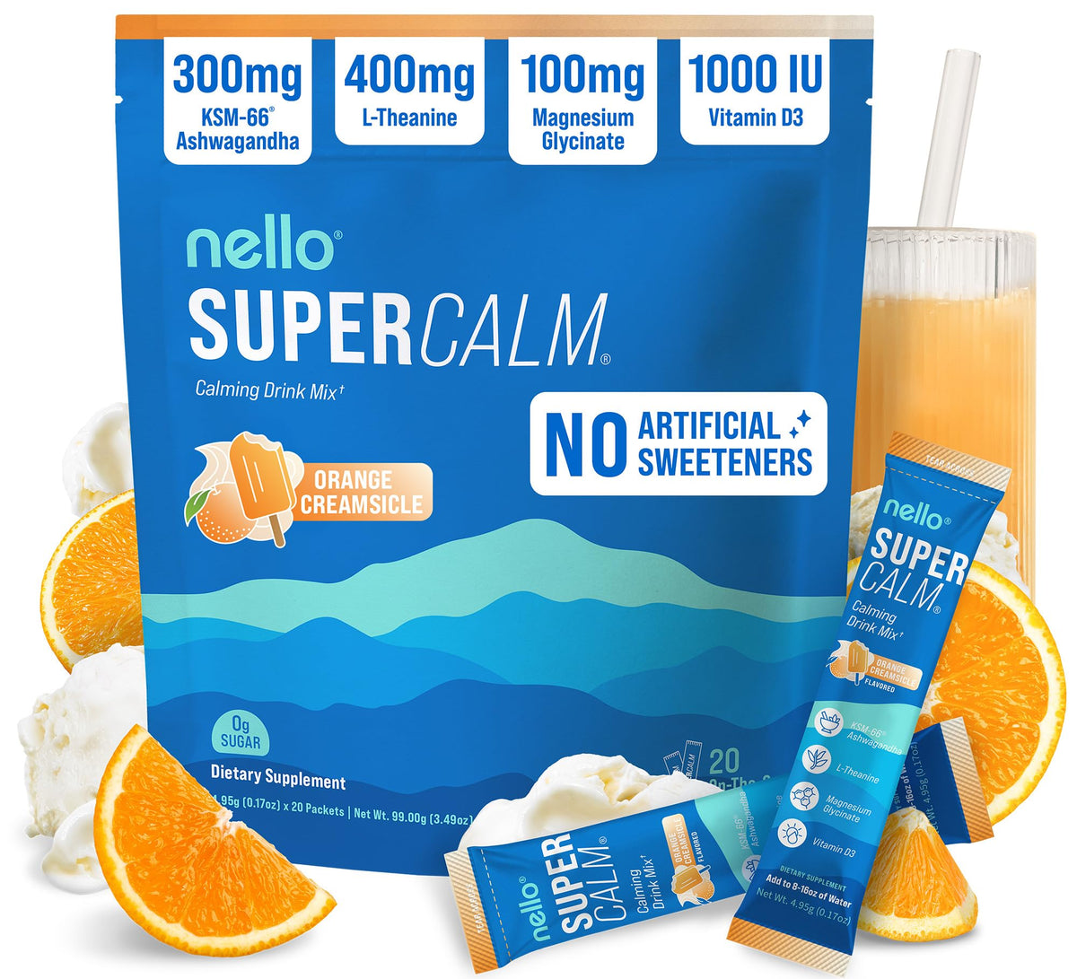 Nello SuperCalm orange creamsicle packet for on-the-go calm and focus.