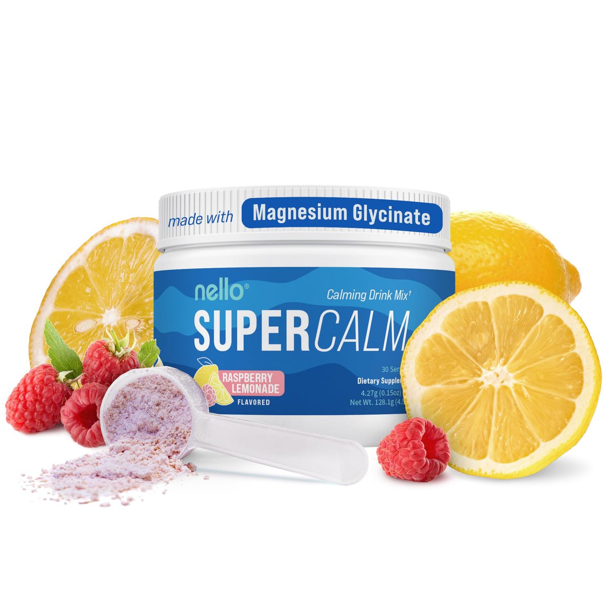 Nello Supercalm powder canister pour indicating convenient on the go relaxation and focus.