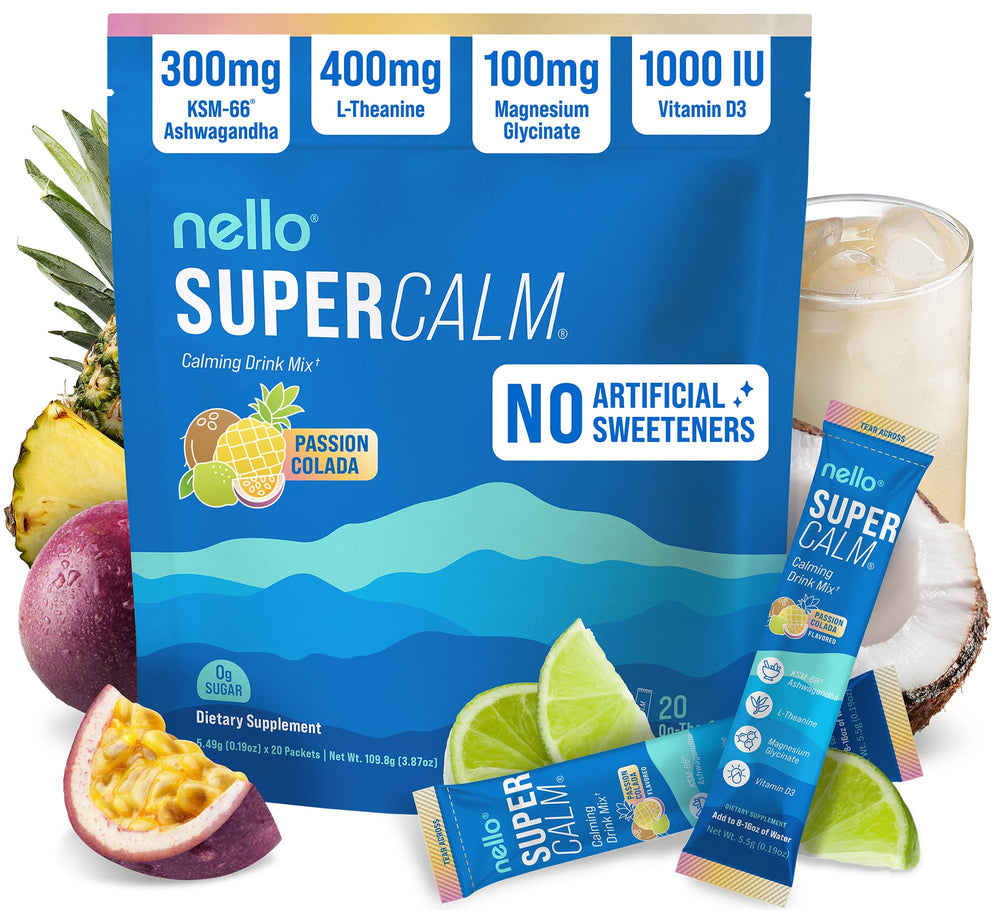 Nello Supercalm raspberry lemonade packet pour for on-the-go relaxation.