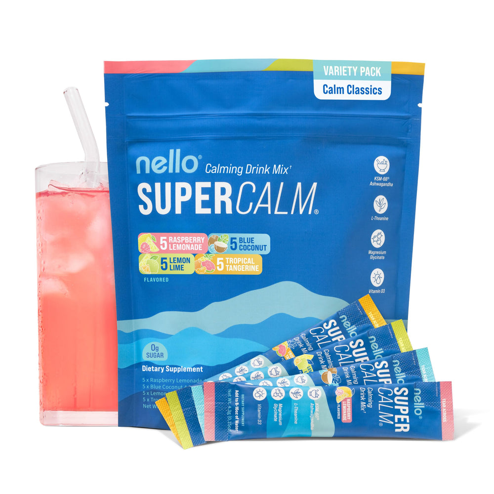 Nello SuperCalm sachets on the go offering calm focus for busy days and clarity.