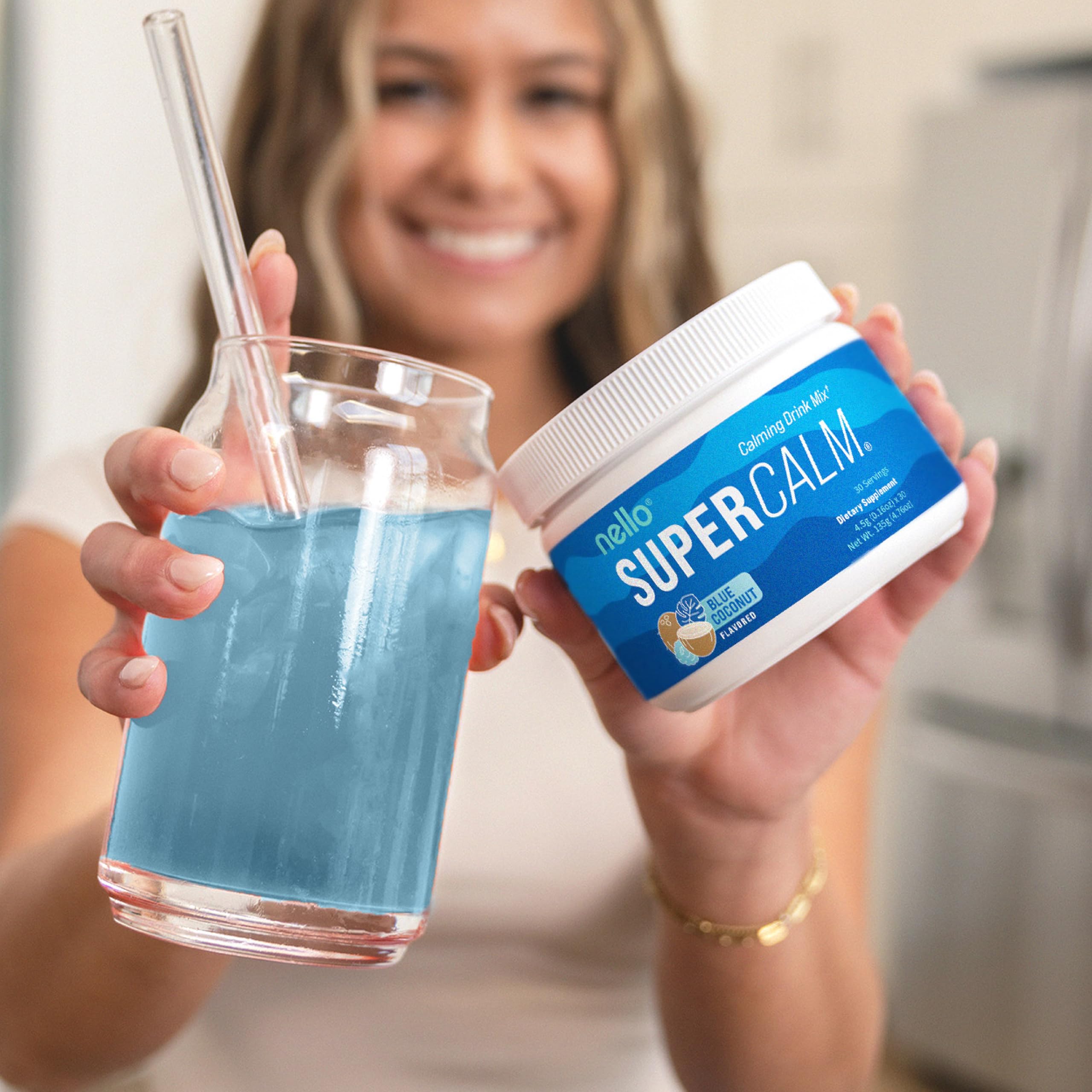 Nello SuperCalm blue coconut glass prepared for a relaxing sleep ritual.