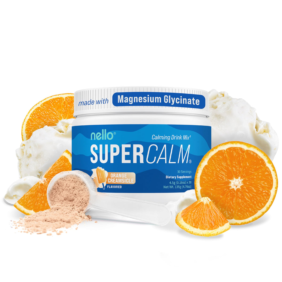 Nello Supercalm tub with Orange Creamsicle label emphasizes a non-GMO formula for balance.