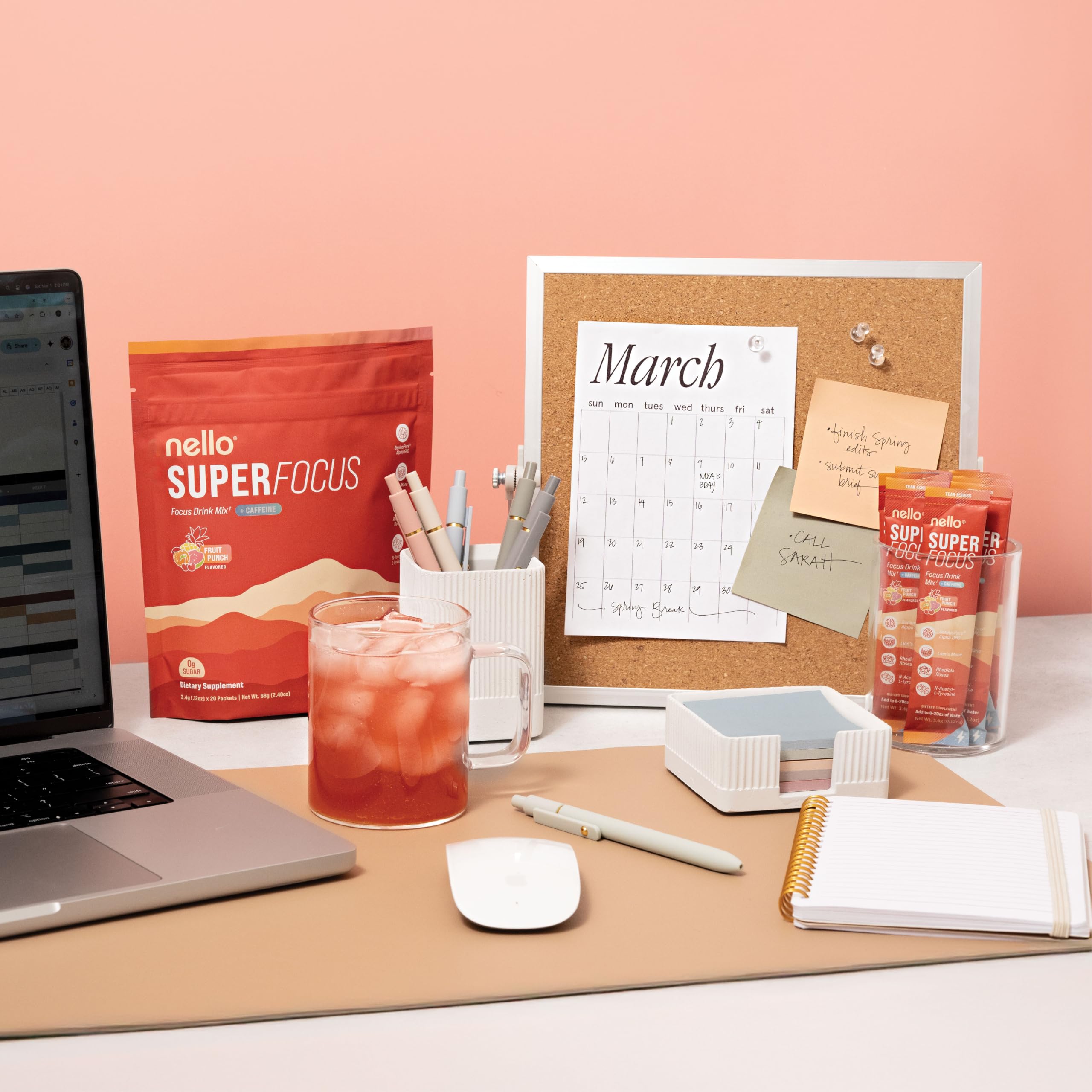Nello Superfocus dissolving in a glass for a sugar-free focus boost.