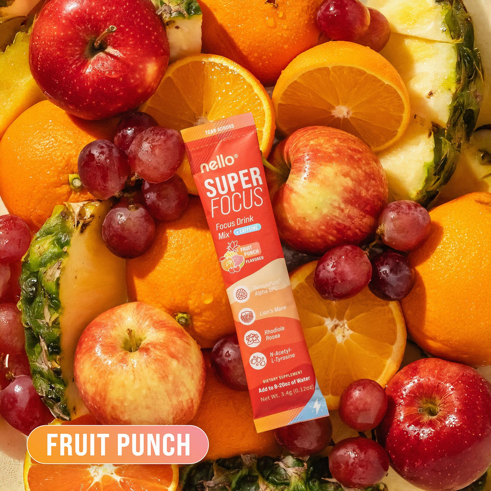 Nello Superfocus packaging design emphasizing clean ingredients and zero sugar.