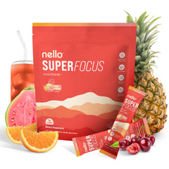 Nello Superfocus fruit punch packaging for a convenient sugar-free focus boost.