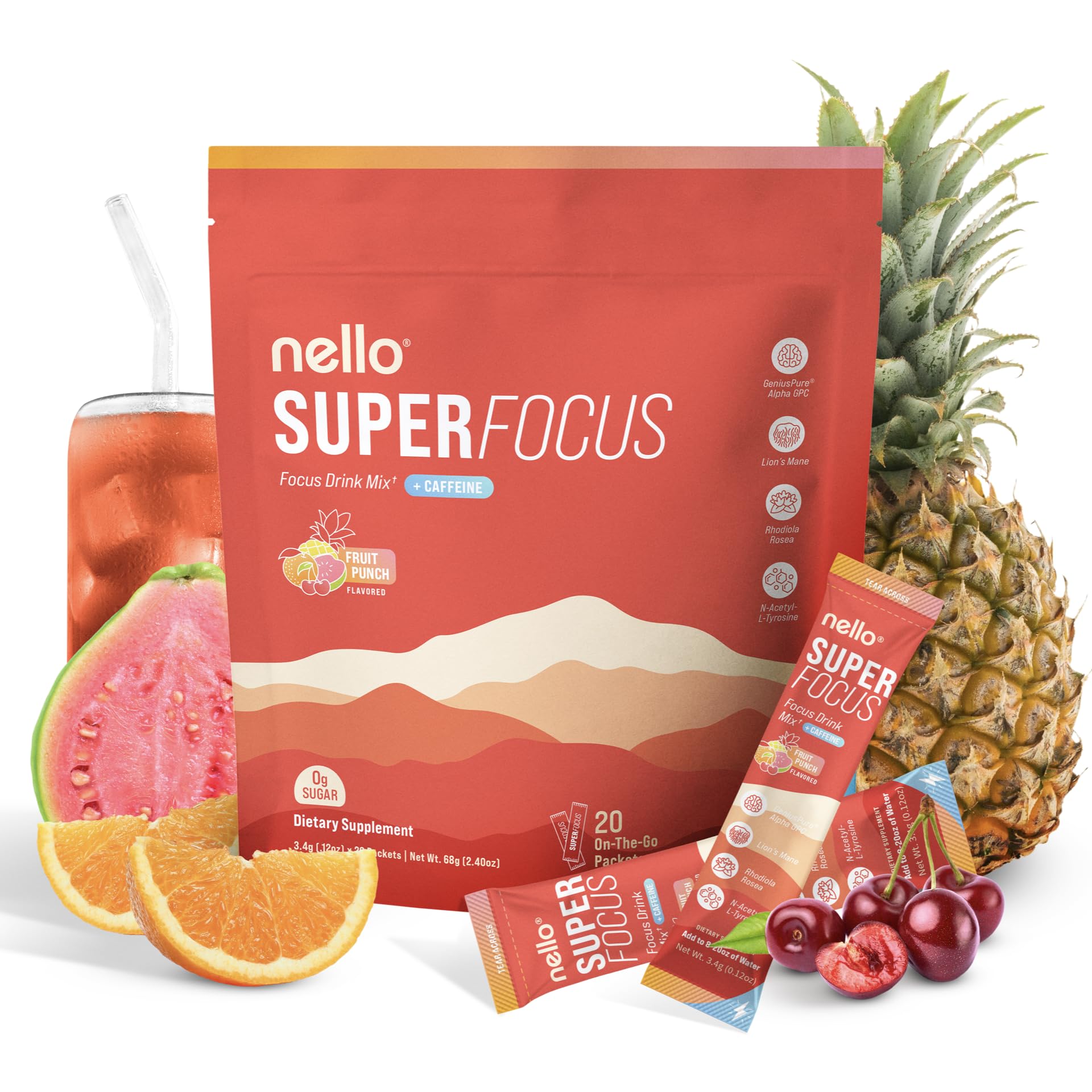 Nello Superfocus Fruit Punch packet open for quick focus on the go.