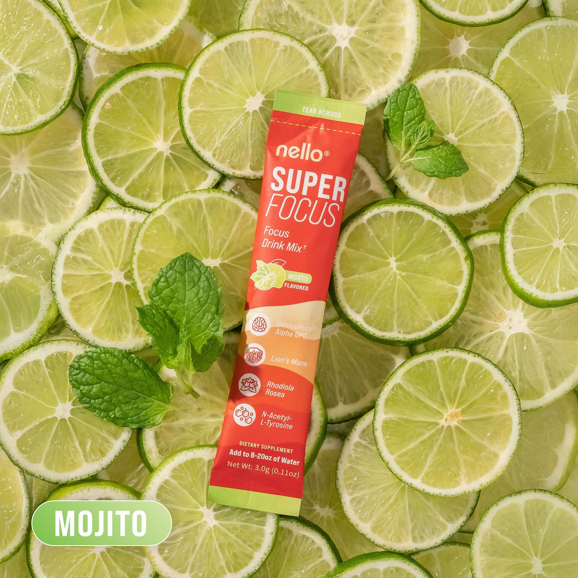 Nello Superfocus Mojito label on the packet showing sugar-free formulation