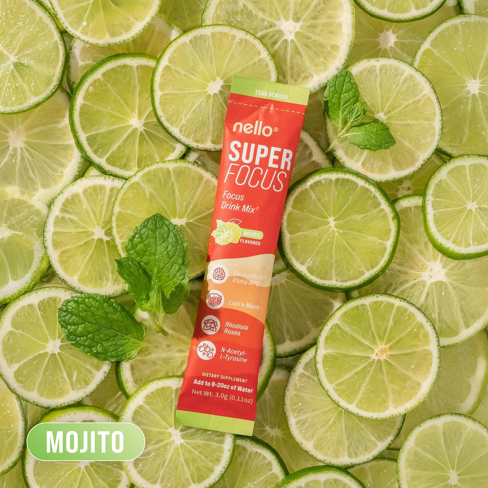 Nello Superfocus Mojito label on the packet showing sugar-free formulation
