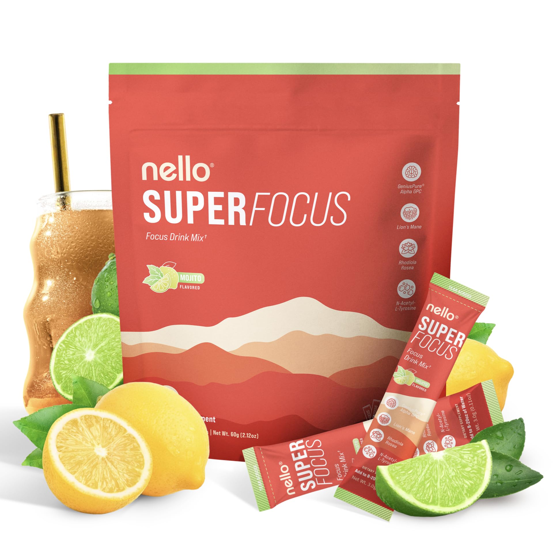 Nello Superfocus Mojito packets ready to mix for quick focus on the go