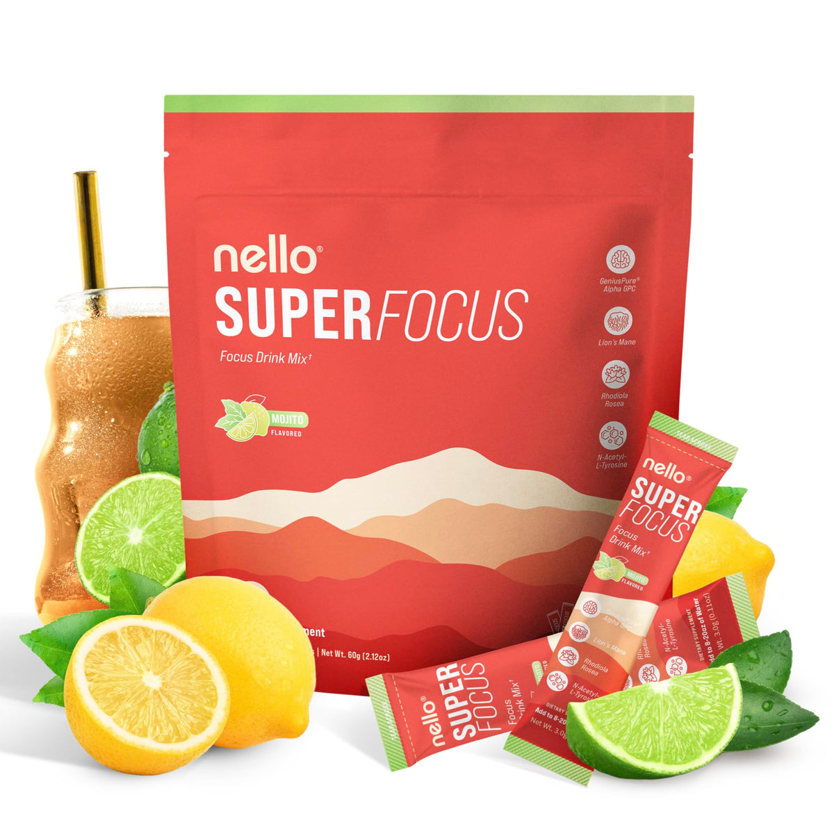 Nello Superfocus Mojito packets ready to mix for quick focus on the go