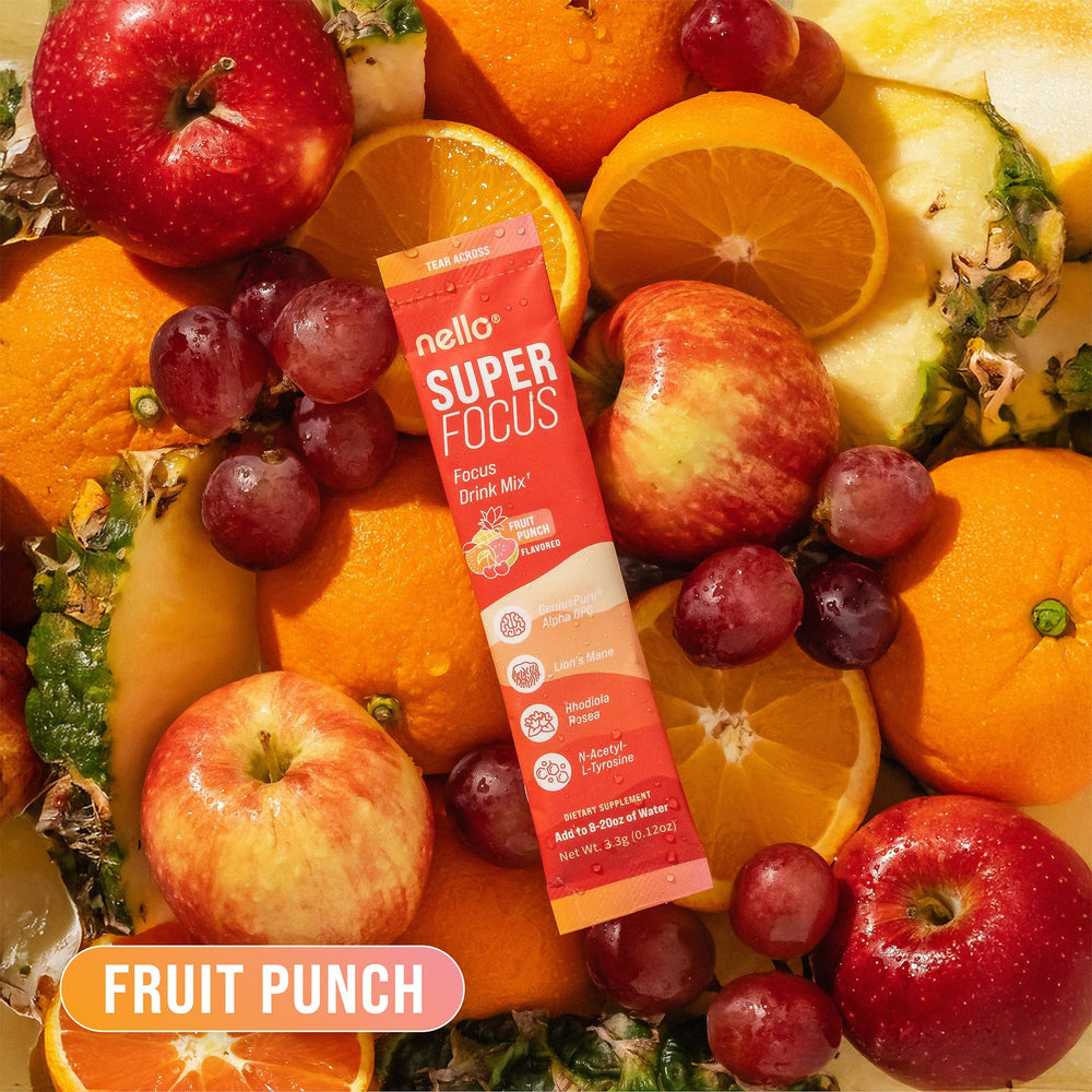 Nello Superfocus on-the-go packets ideal for studies, workouts, and workdays.
