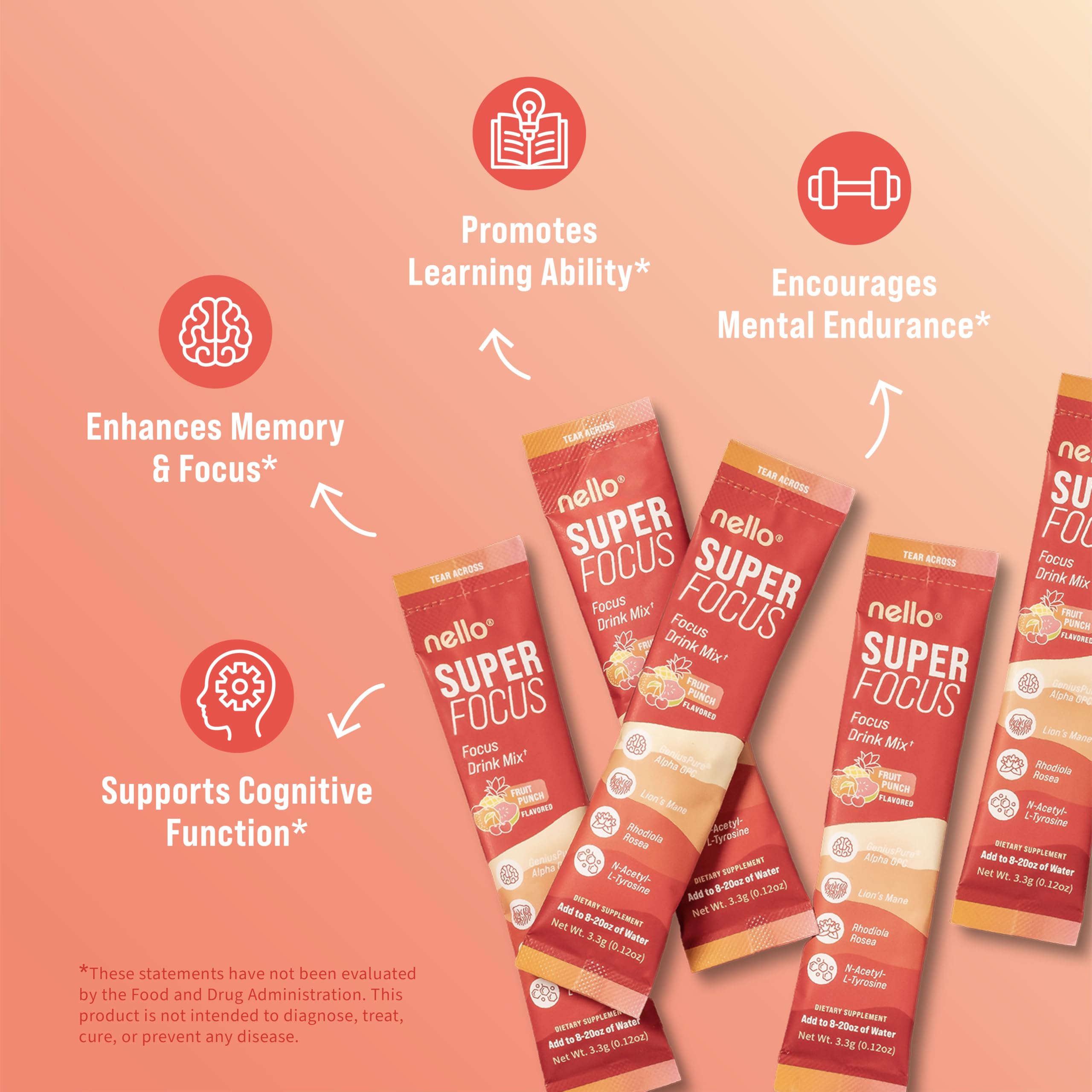 Nello Superfocus stick packets ready to mix for on-the-go concentration.