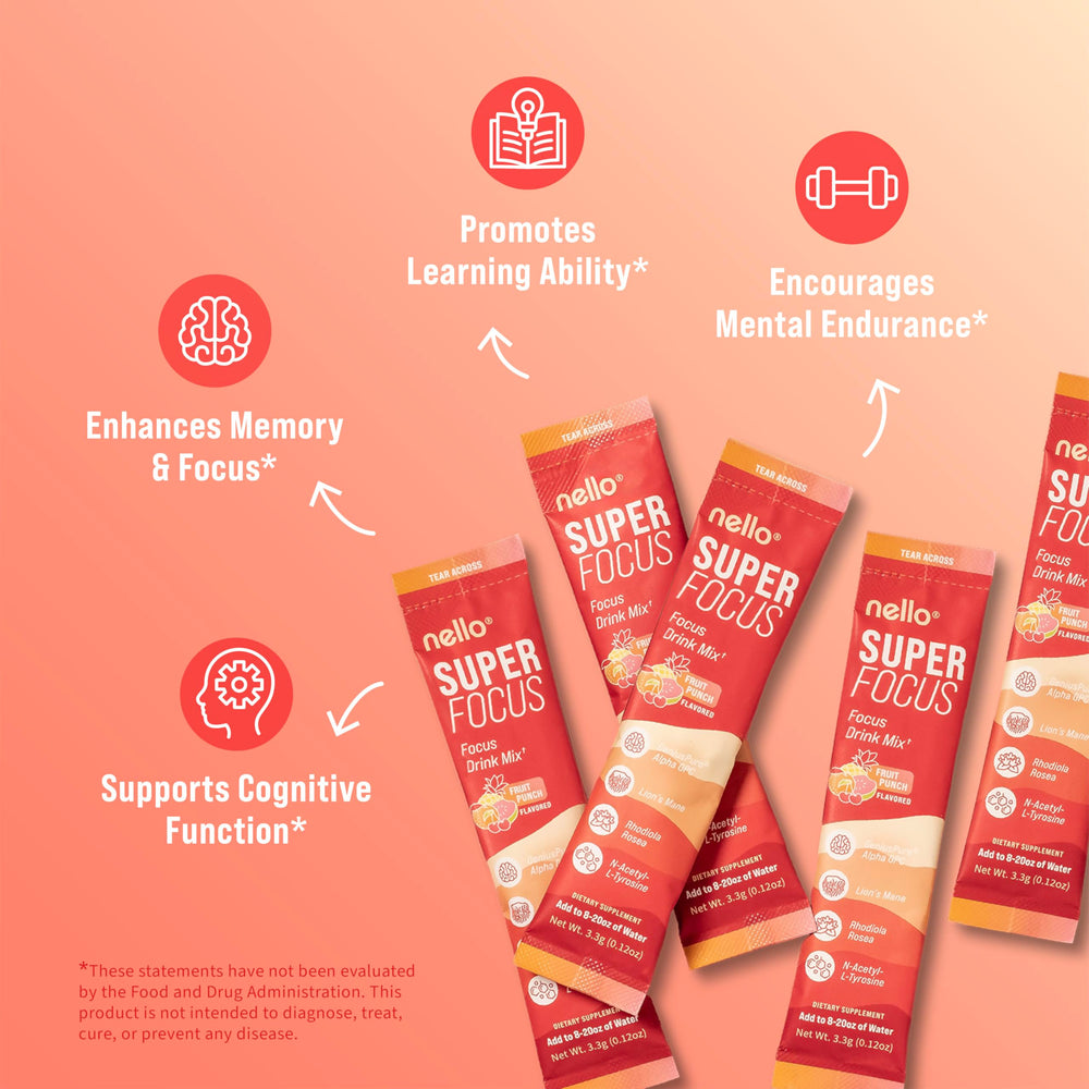 Nello Superfocus stick packets ready to mix for on-the-go concentration.