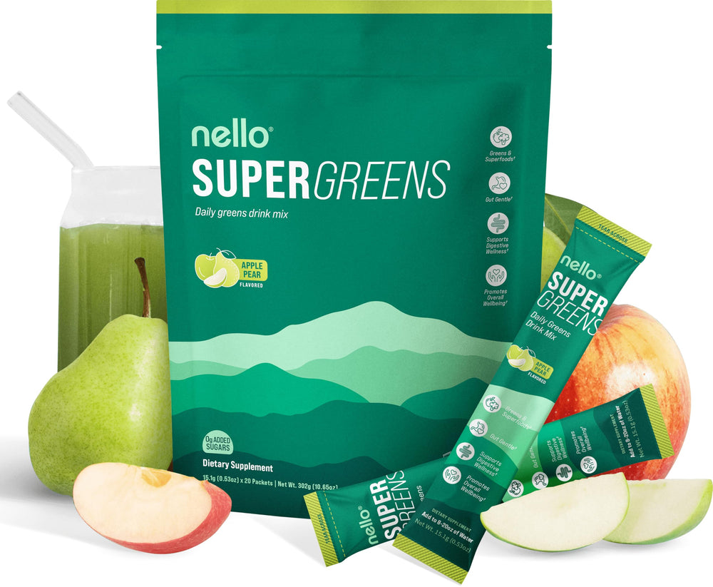 Nello Supergreens Apple Pear powder tub boosts daily energy with a greens blend.