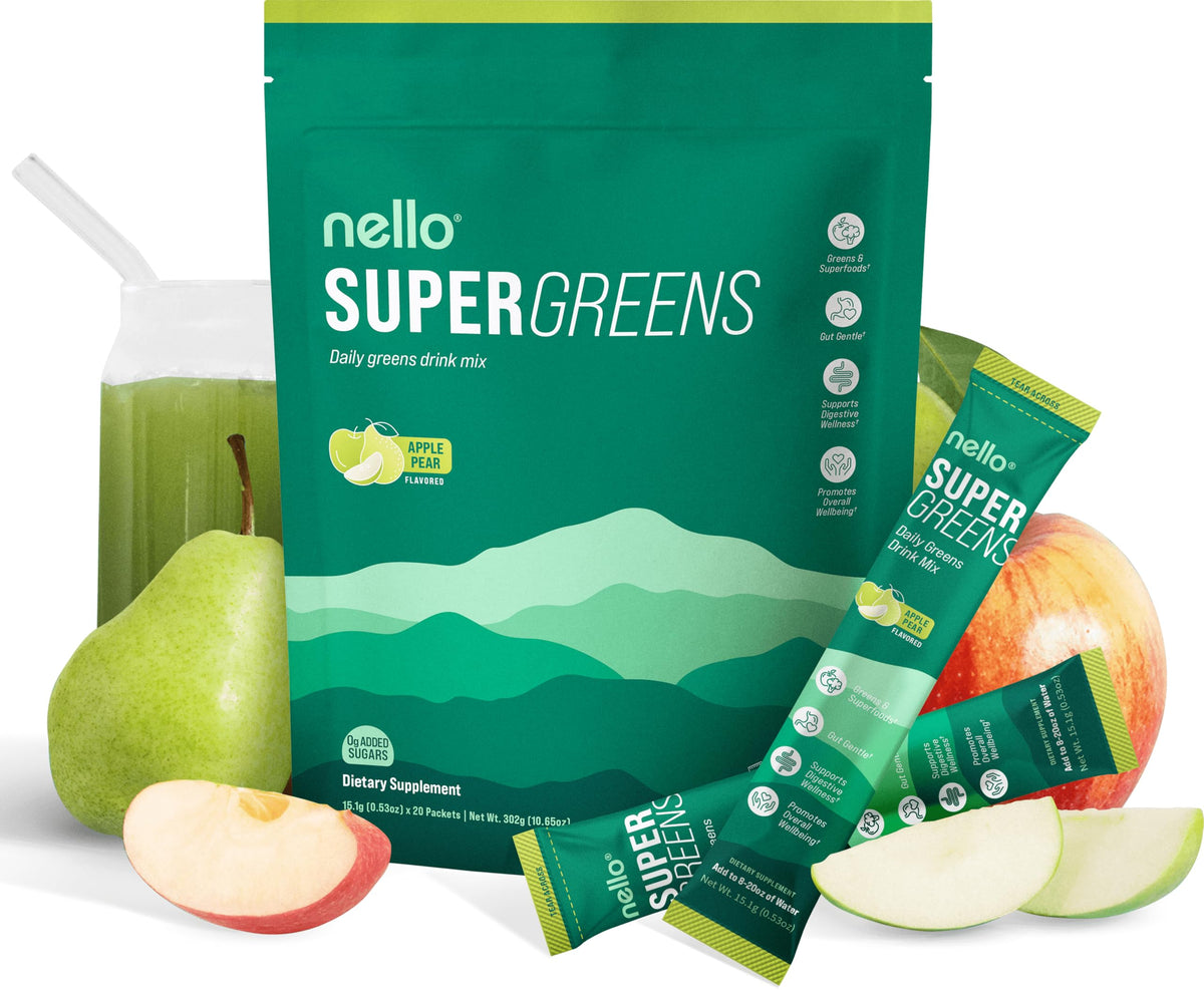 Nello Supergreens Apple Pear powder tub boosts daily energy with a greens blend.