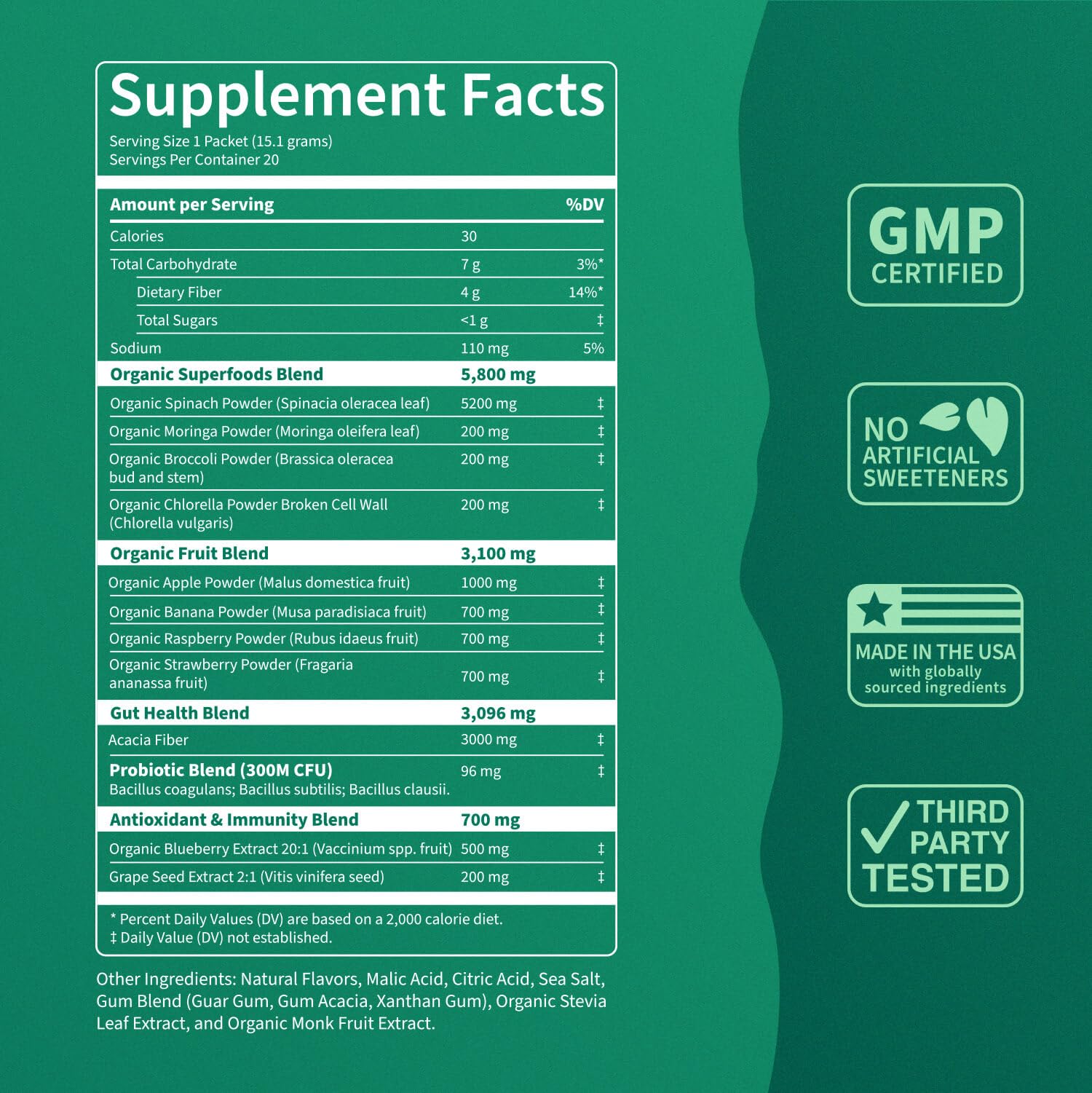 Nello Supergreens bottle label helps you review greens, enzymes, and probiotics.