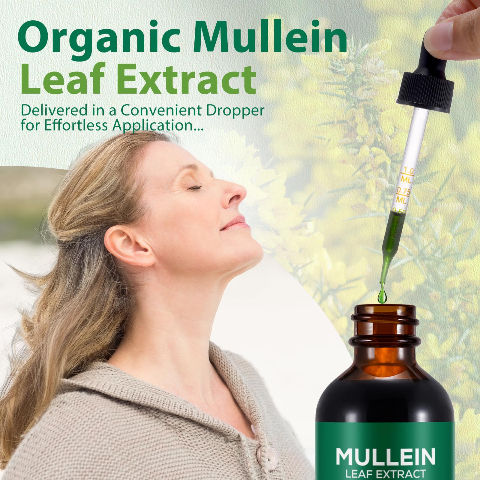 NenMaoKeNu Mullein Drops dosing guide shows 1–2 drops per use.