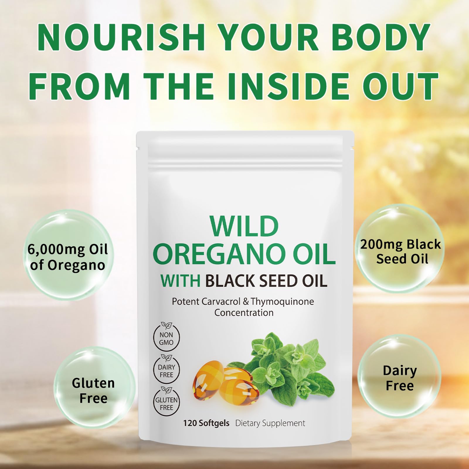 NenMaoKeNu oregano and black seed oil softgels infused for balanced wellness.