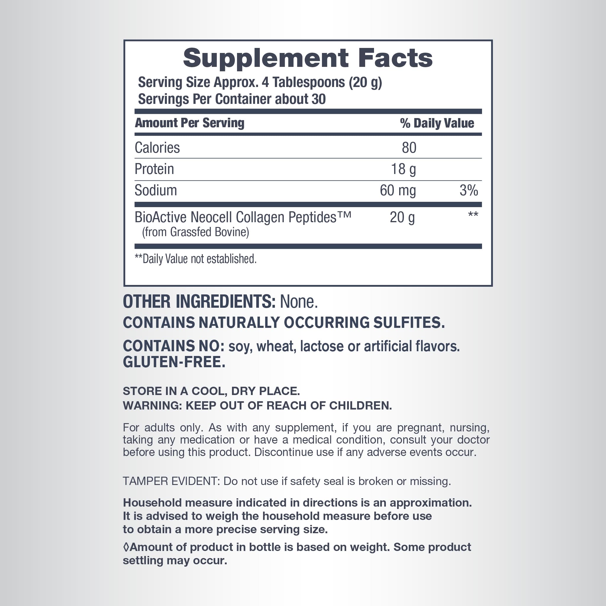 NeoCell collagen serving scoop shown to emphasize 20 g per serving.