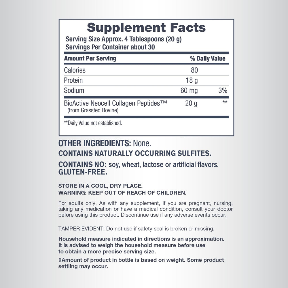 NeoCell collagen serving scoop shown to emphasize 20 g per serving.